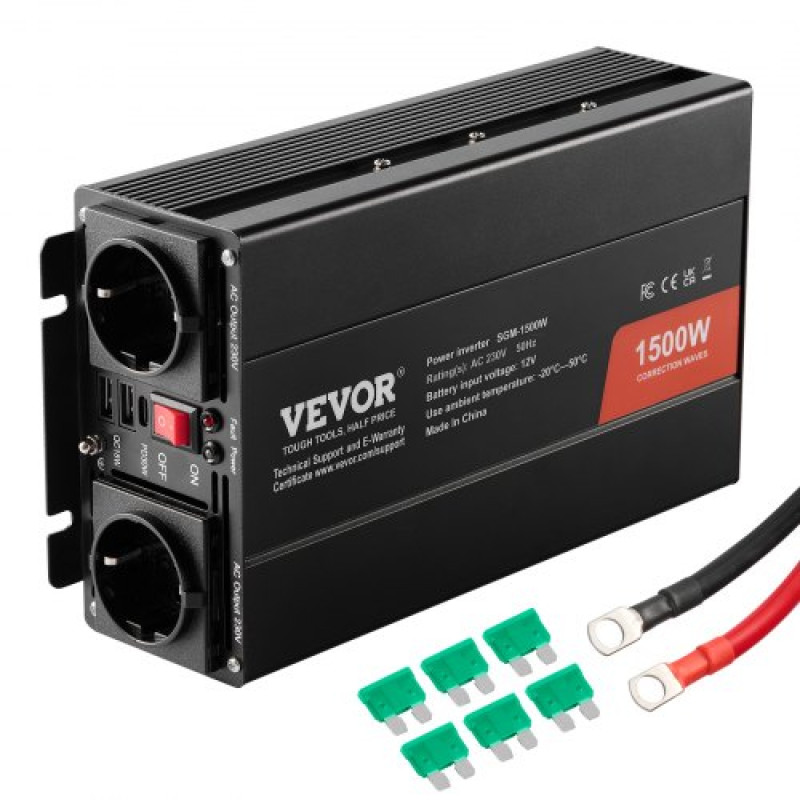 VEVOR Modified Sine Wave Inverter, 1500W, DC 12V to AC 230V Inverter με 2 πρίζες AC 2 θύρα USB 1 θύρα Type-C 6 εφεδρικές ασφάλειες, για μικρές οικιακές συσκευές όπως φορητός υπολογιστής Smartphone, πιστοποίηση CE FCC