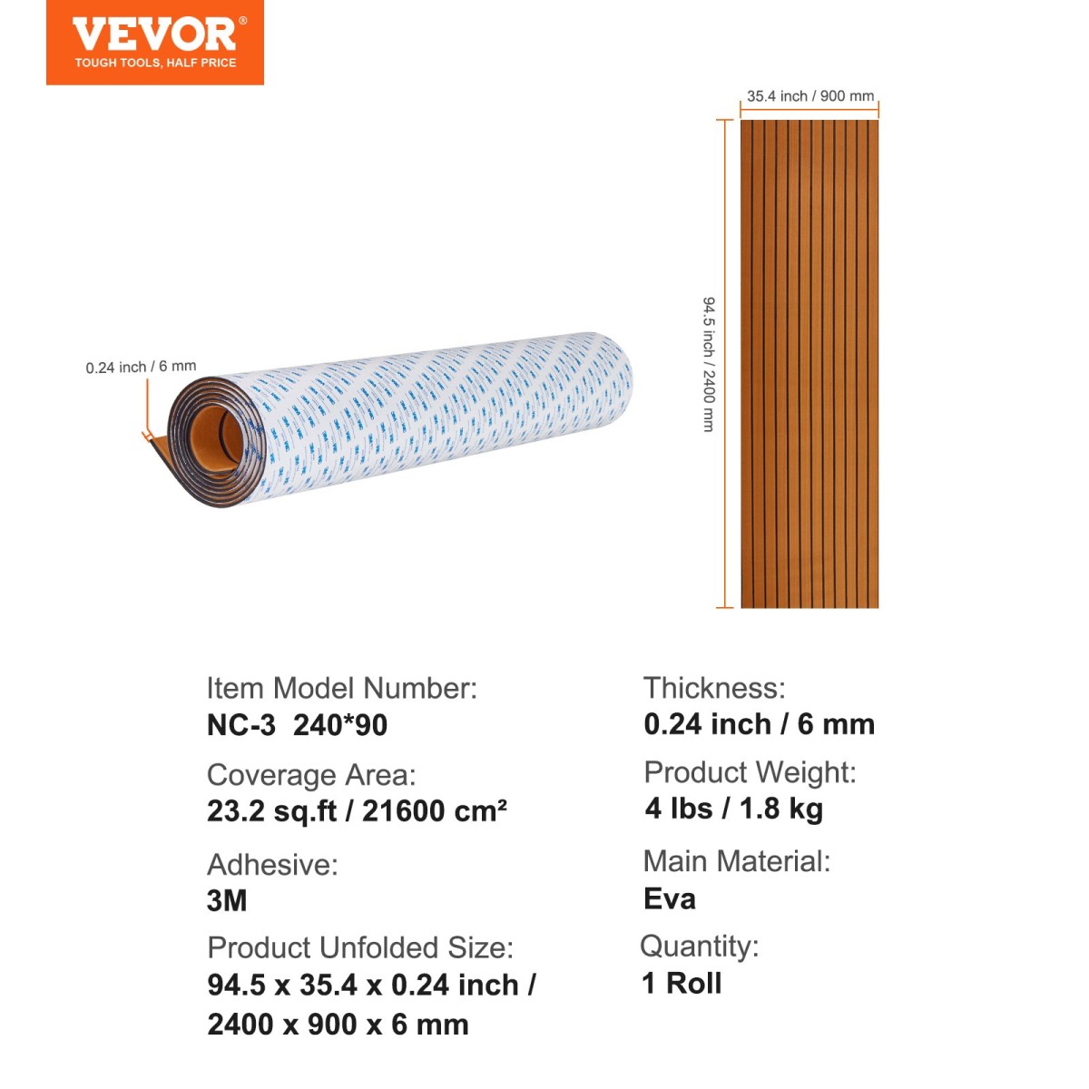 VEVOR Boat Flooring, EVA Foam Boat Decking 240 x 89,9 cm, Αντιολισθητικό αυτοκόλλητο δάπεδο, 2,2 m² Ναυτικό χαλί για σκάφη, γιοτ, Pontoon, δάπεδο καγιάκ