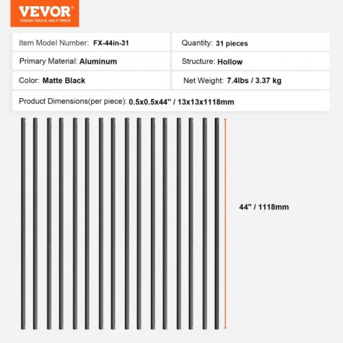 Μεταλλικά κάγκελα VEVOR Staircase, 44'' x 0,5'' τετράγωνα διακοσμητικά κάγκελα από κράμα αλουμινίου, 31 πακέτο κιγκλίδωμα καταστρώματος με βίδες, κλασικό κοίλο ίσιο κιγκλίδωμα κατάστρωμα με σατέν μαύρη επίστρωση