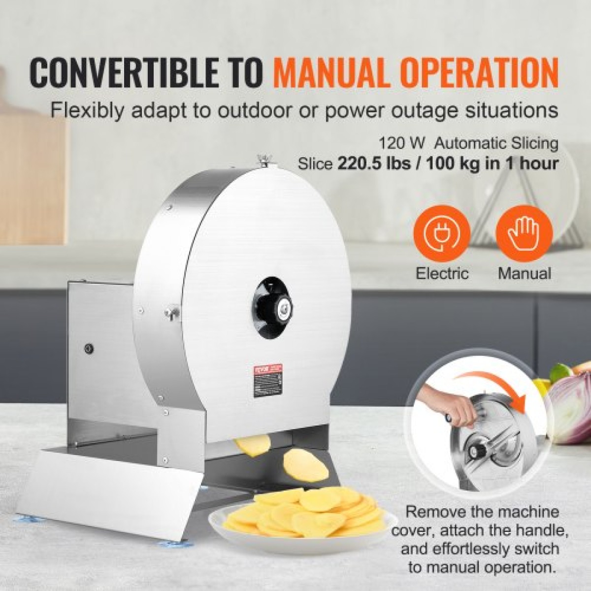 VEVOR Electric Vegetable Slicer, 0-0,5"/0-12mm Πάχος Εμπορική μηχανή κοπής, μετατρέψιμο σε χειροκίνητο, μηχανή κοπής τροφίμων από ανοξείδωτο χάλυβα, μεγάλη θύρα τροφοδοσίας για πατάτα, ντομάτα
