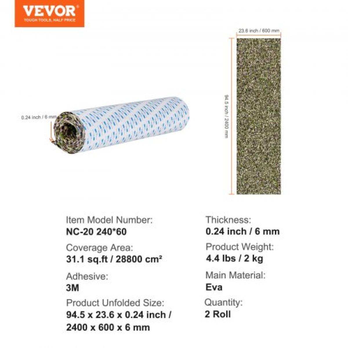 VEVOR Boat Flooring, EVA Foam Boat Decking 94,5" x 23,6", Αντιολισθητικό Αυτοκόλλητο Δάπεδο, 31,1sq.ft 2 Rolls of Marine Carpet for Boats, Yacht, Pontoon, Kayak Decking