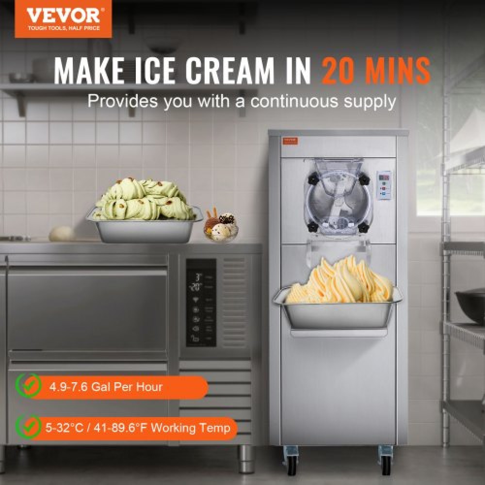 Εμπορική παγωτομηχανή VEVOR, απόδοση 18 L/H, 1600W Παγωτομηχανή σκληρού σερβιρίσματος μονής γεύσης με ρόδες, κύλινδρος από ανοξείδωτο ατσάλι 6 λίτρων, προψύξη αυτόματης καθαριότητας πάνελ LED, για σνακ μπαρ εστιατορίων