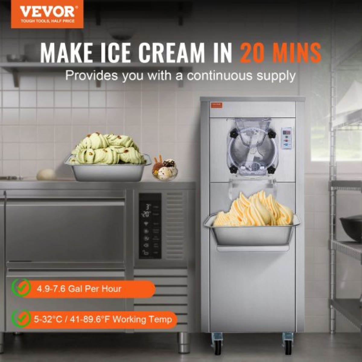 Εμπορική παγωτομηχανή VEVOR, απόδοση 18 L/H, 1600W Παγωτομηχανή σκληρού σερβιρίσματος μονής γεύσης με ρόδες, κύλινδρος από ανοξείδωτο ατσάλι 6 λίτρων, προψύξη αυτόματης καθαριότητας πάνελ LED, για σνακ μπαρ εστιατορίων