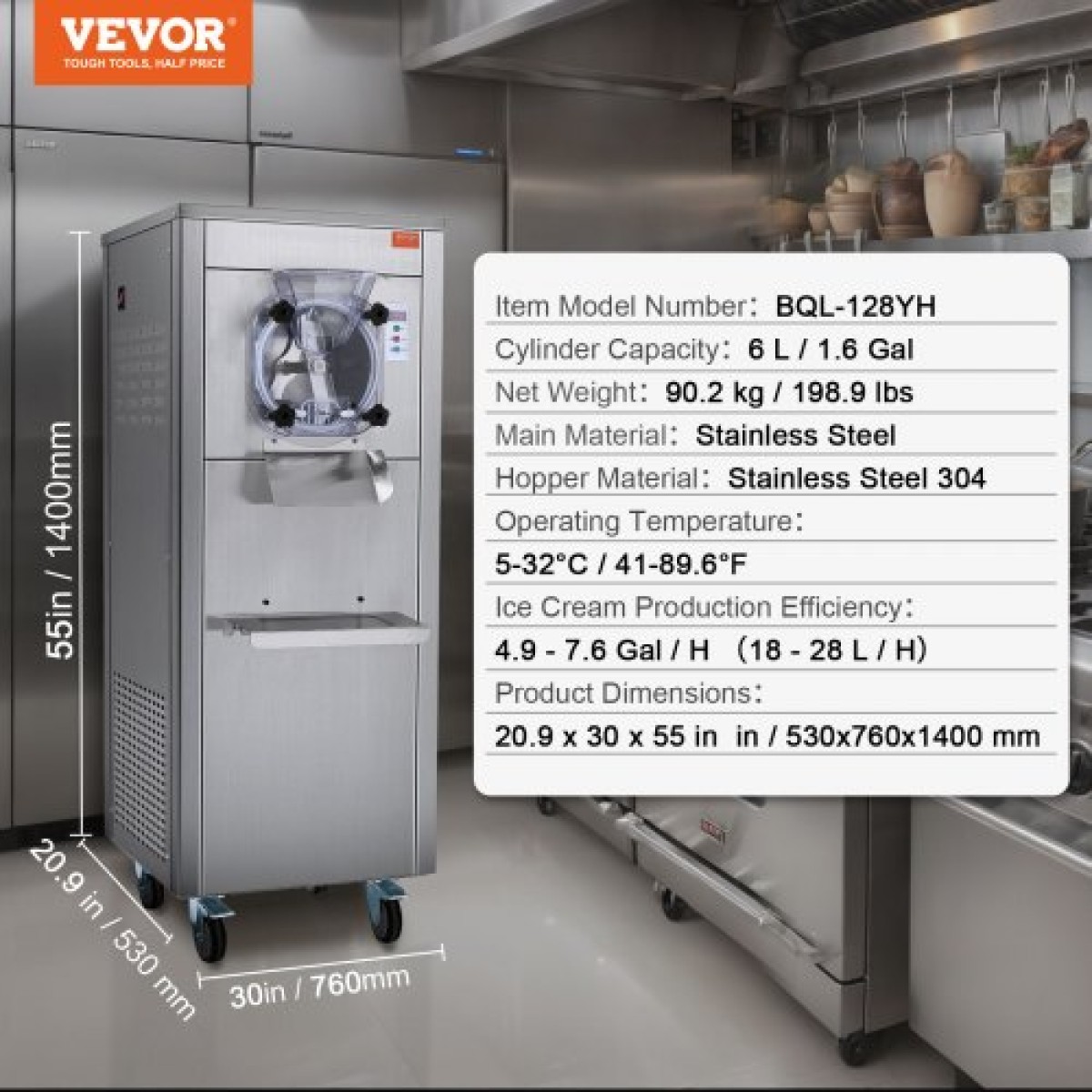 Εμπορική παγωτομηχανή VEVOR, απόδοση 18 L/H, 1600W Παγωτομηχανή σκληρού σερβιρίσματος μονής γεύσης με ρόδες, κύλινδρος από ανοξείδωτο ατσάλι 6 λίτρων, προψύξη αυτόματης καθαριότητας πάνελ LED, για σνακ μπαρ εστιατορίων