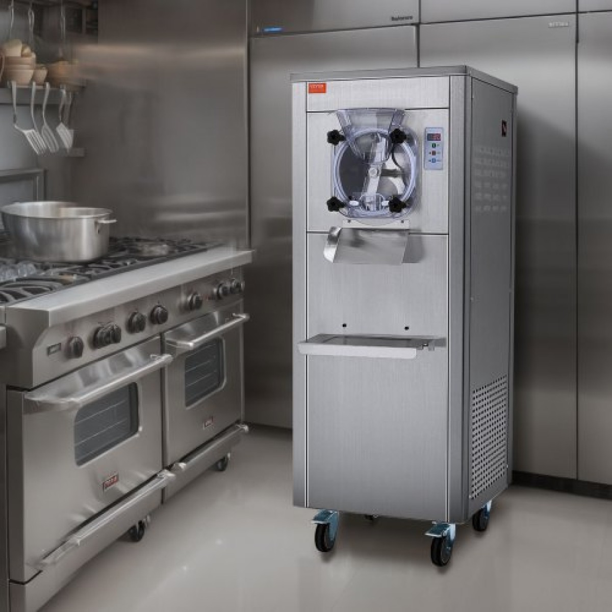 Εμπορική παγωτομηχανή VEVOR, απόδοση 18 L/H, 1600W Παγωτομηχανή σκληρού σερβιρίσματος μονής γεύσης με ρόδες, κύλινδρος από ανοξείδωτο ατσάλι 6 λίτρων, προψύξη αυτόματης καθαριότητας πάνελ LED, για σνακ μπαρ εστιατορίων