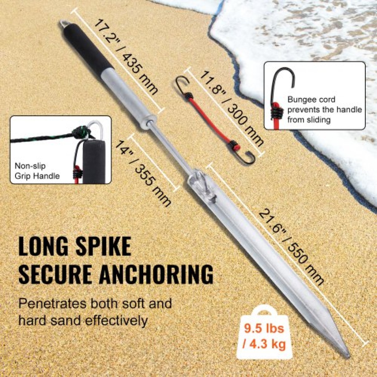 Στύλος άγκυρας βάρκας VEVOR Sand Spike, 36" γαλβανισμένος ανθρακούχο χάλυβας άγκυρας άγκυρας ακτής, αυτοσφυρηλάτηση άγκυρα παραλίας για καγιάκ Jetski Pontoon Small Boat, με τσάντα αποθήκευσης Oxford και κορδόνι bungee