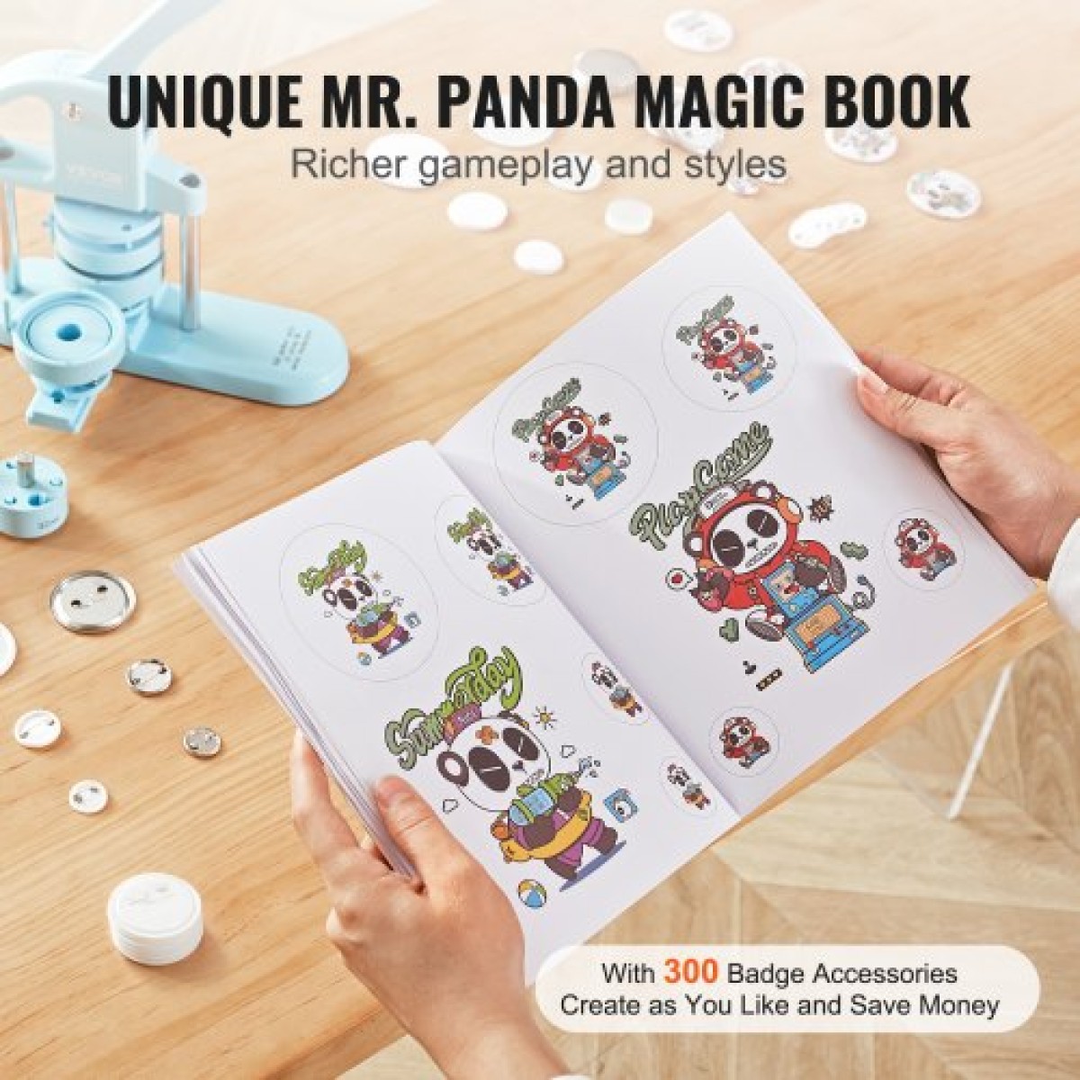VEVOR Button Maker, 1/1,25/2,28 inch (25/32/58mm) 3-IN-1 Pin Maker, 300pcs Button Parts, Button Maker Machine with Panda Magic Book, Ergonomic Arc Handle Punch Press Kit, For Children DIY Gifts, Blue
