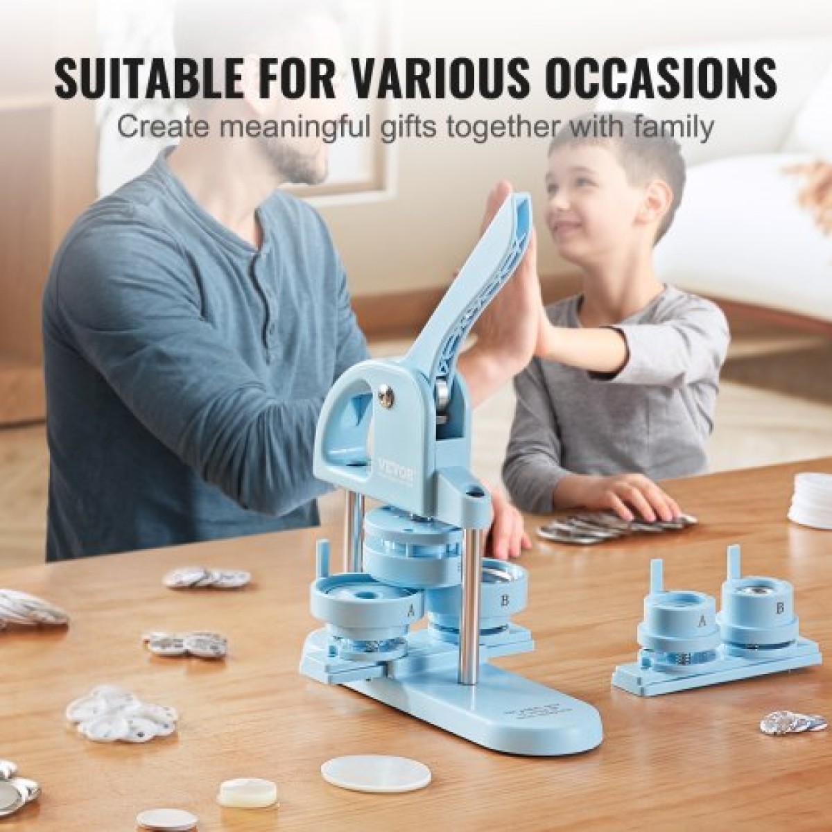 VEVOR Button Maker, 1/1,25/2,28 inch (25/32/58mm) 3-IN-1 Pin Maker, 300pcs Button Parts, Button Maker Machine with Panda Magic Book, Ergonomic Arc Handle Punch Press Kit, For Children DIY Gifts, Blue