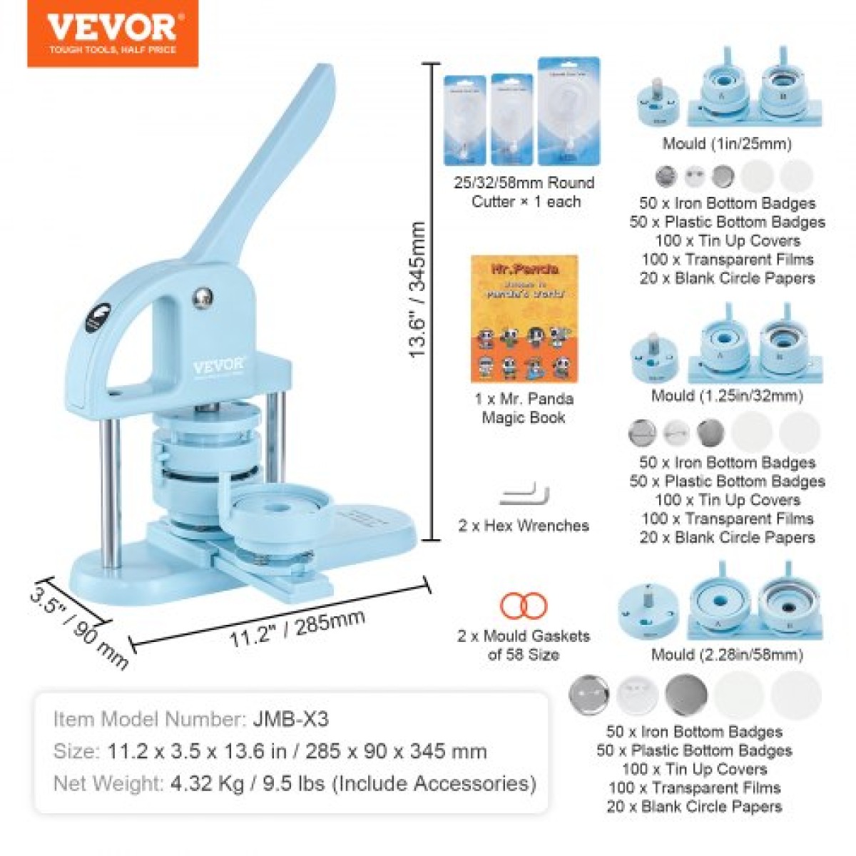 VEVOR Button Maker, 1/1,25/2,28 inch (25/32/58mm) 3-IN-1 Pin Maker, 300pcs Button Parts, Button Maker Machine with Panda Magic Book, Ergonomic Arc Handle Punch Press Kit, For Children DIY Gifts, Blue