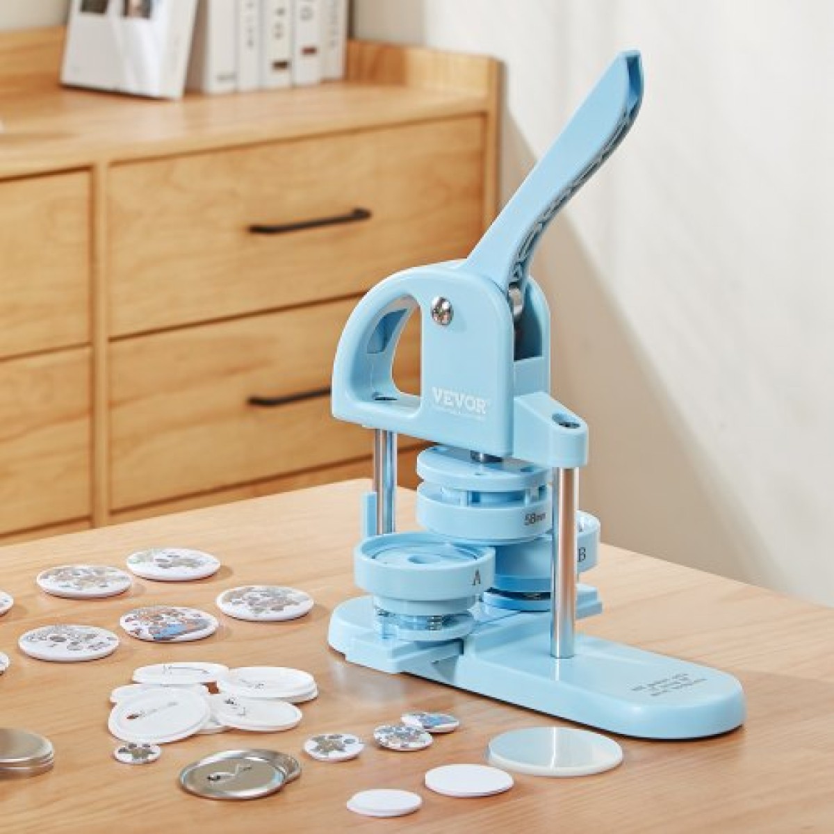 VEVOR Button Maker, 1/1,25/2,28 inch (25/32/58mm) 3-IN-1 Pin Maker, 300pcs Button Parts, Button Maker Machine with Panda Magic Book, Ergonomic Arc Handle Punch Press Kit, For Children DIY Gifts, Blue