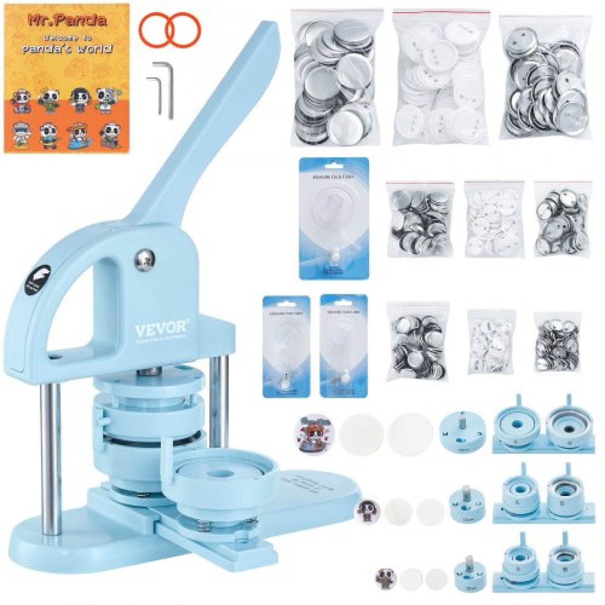 VEVOR Button Maker, 1/1,25/2,28 inch (25/32/58mm) 3-IN-1 Pin Maker, 300pcs Button Parts, Button Maker Machine with Panda Magic Book, Ergonomic Arc Handle Punch Press Kit, For Children DIY Gifts, Blue