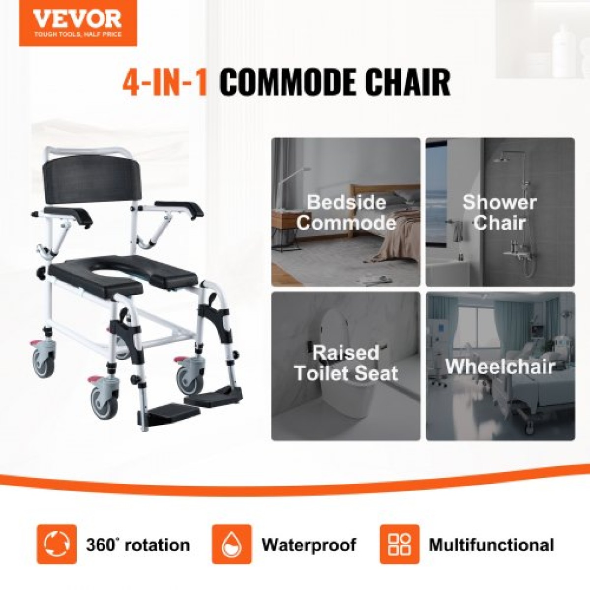 Αναπηρικό αμαξίδιο VEVOR Shower Commode με 4 ρόδες που κλειδώνουν, υποπόδια, βραχίονες που ανατρέπονται, ρυθμιζόμενο ύψος 3 επιπέδων, αφαιρούμενος κάδος 5 λίτρων, χωρητικότητα 350 LBS, καρέκλα Commode για ενήλικες ηλικιωμένους