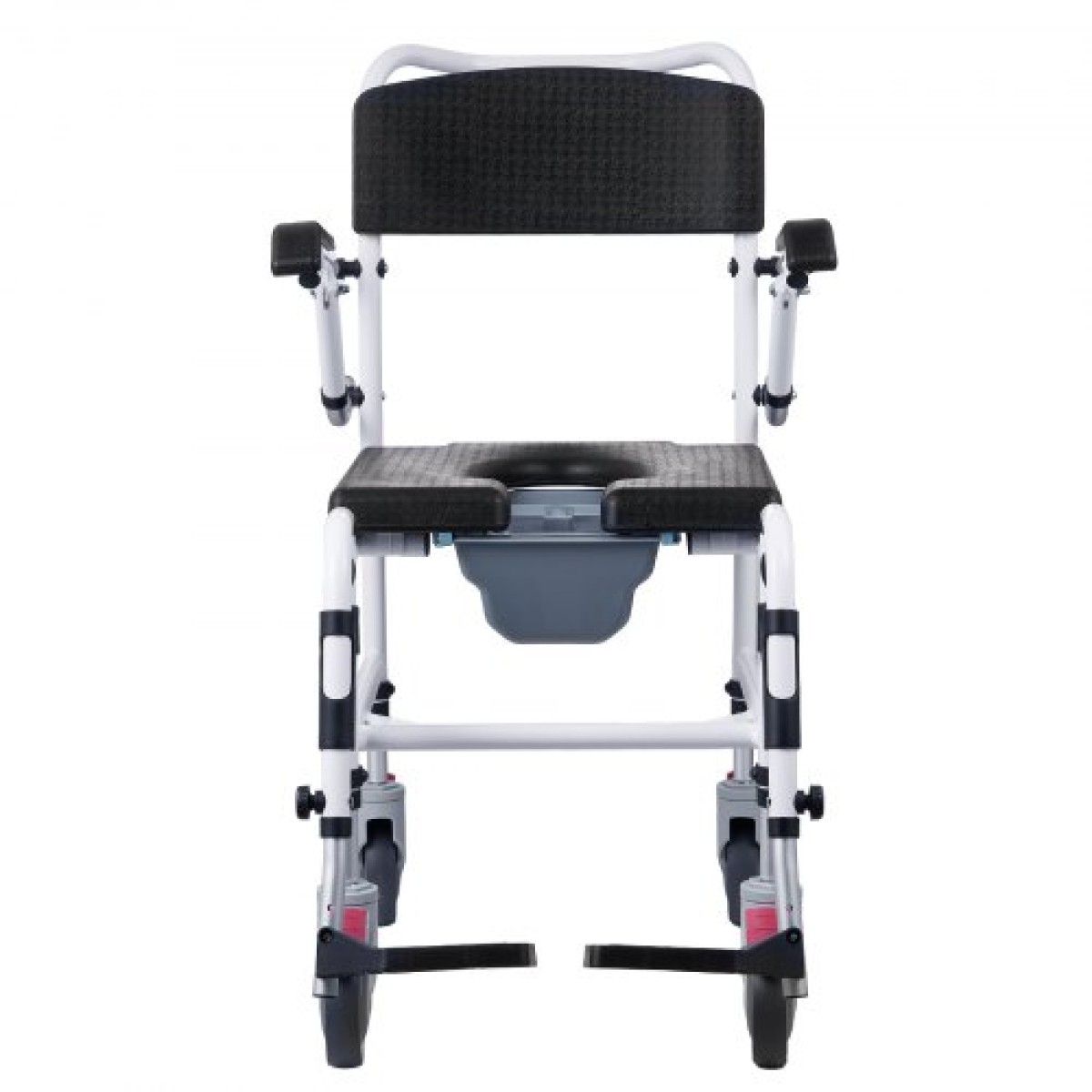 Αναπηρικό αμαξίδιο VEVOR Shower Commode με 4 ρόδες που κλειδώνουν, υποπόδια, βραχίονες που ανατρέπονται, ρυθμιζόμενο ύψος 3 επιπέδων, αφαιρούμενος κάδος 5 λίτρων, χωρητικότητα 350 LBS, καρέκλα Commode για ενήλικες ηλικιωμένους