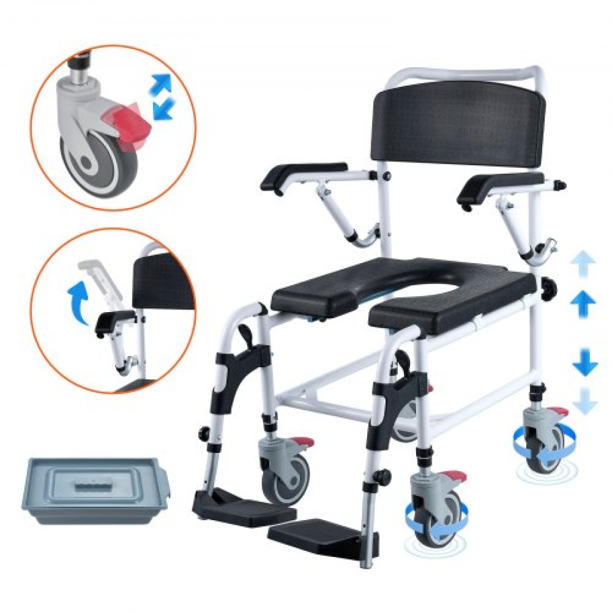 Αναπηρικό αμαξίδιο VEVOR Shower Commode με 4 ρόδες που κλειδώνουν, υποπόδια, βραχίονες που ανατρέπονται, ρυθμιζόμενο ύψος 3 επιπέδων, αφαιρούμενος κάδος 5 λίτρων, χωρητικότητα 350 LBS, καρέκλα Commode για ενήλικες ηλικιωμένους