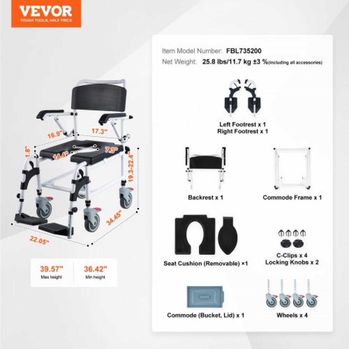 Αναπηρικό αμαξίδιο VEVOR Shower Commode με 4 ρόδες που κλειδώνουν, υποπόδια, βραχίονες που ανατρέπονται, ρυθμιζόμενο ύψος 3 επιπέδων, αφαιρούμενος κάδος 5 λίτρων, χωρητικότητα 350 LBS, καρέκλα Commode για ενήλικες ηλικιωμένους