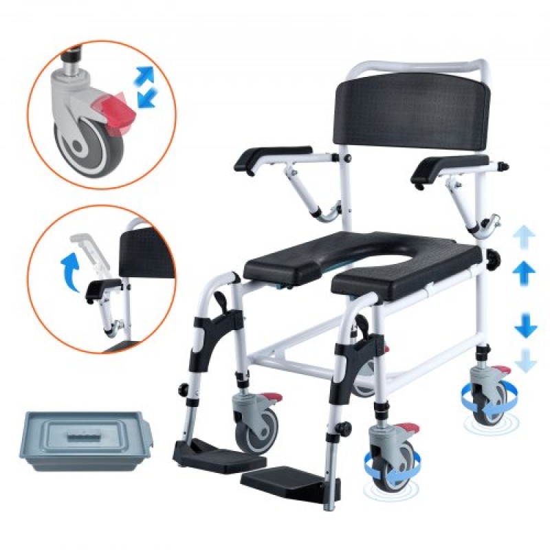 Αναπηρικό αμαξίδιο VEVOR Shower Commode με 4 ρόδες που κλειδώνουν, υποπόδια, βραχίονες που ανατρέπονται, ρυθμιζόμενο ύψος 3 επιπέδων, αφαιρούμενος κάδος 5 λίτρων, χωρητικότητα 350 LBS, καρέκλα Commode για ενήλικες ηλικιωμένους