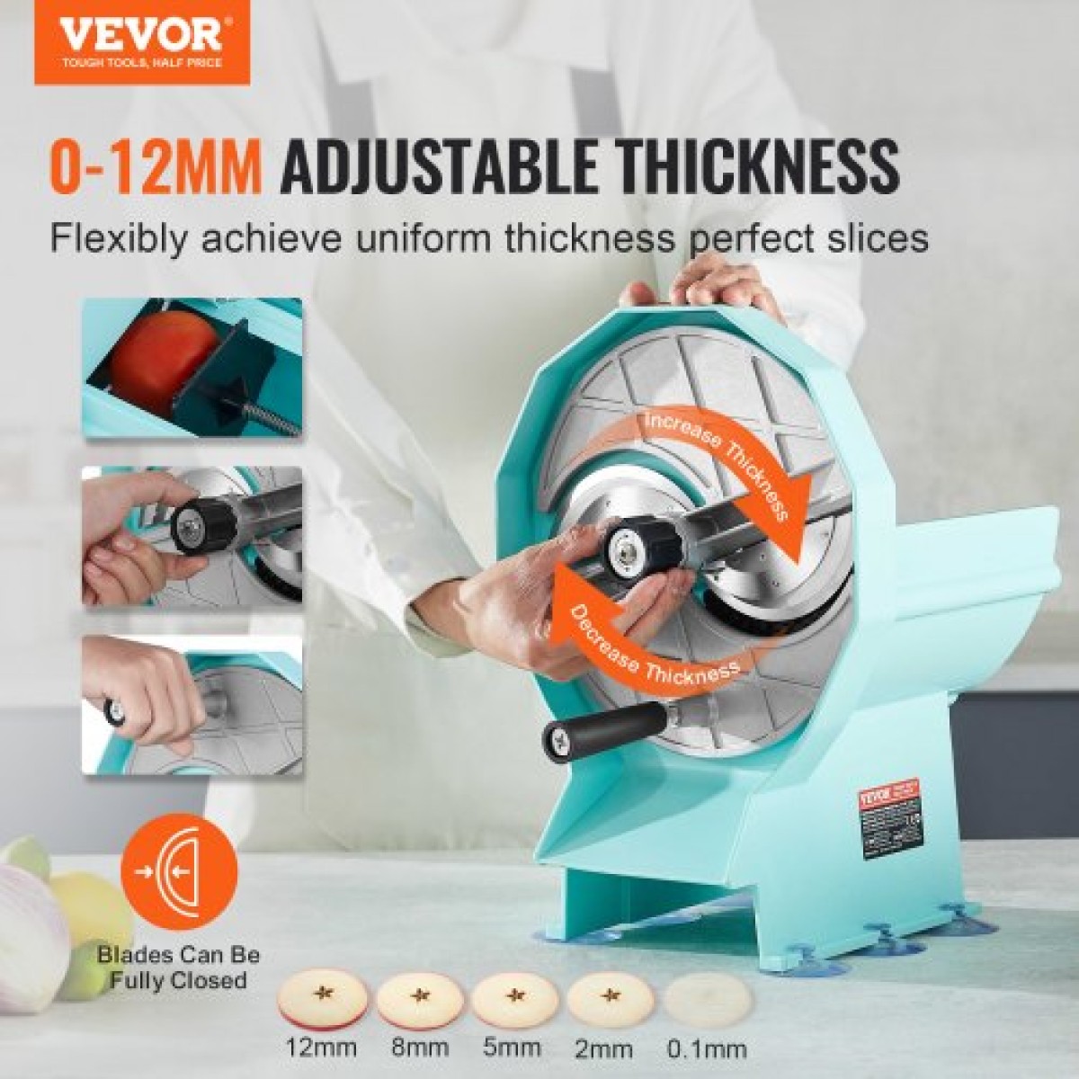 VEVOR Manual Vegetable Fruit Slicer, 0-0,5"/0-12mm Thickness Adjustable Commercial Slicer Machine, Διπλές Θύρες Τροφοδοσίας, Μηχανή Κόφτη Τροφίμων Λεπίδων από ανοξείδωτο χάλυβα για αγγούρι, λεμόνι, ντομάτα