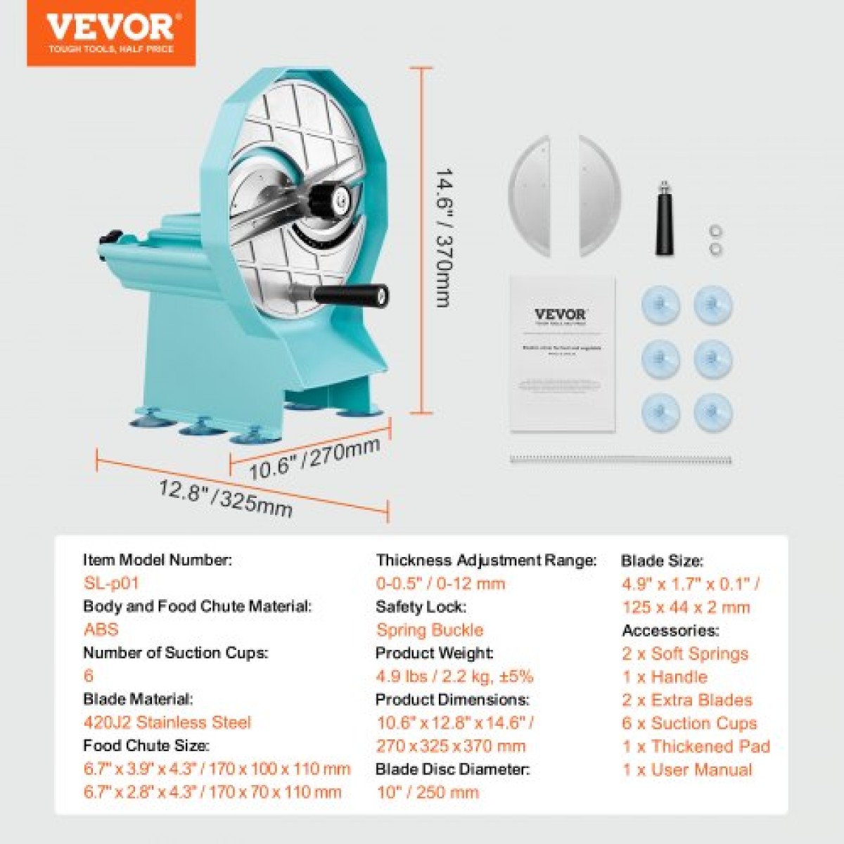 VEVOR Manual Vegetable Fruit Slicer, 0-0,5"/0-12mm Thickness Adjustable Commercial Slicer Machine, Διπλές Θύρες Τροφοδοσίας, Μηχανή Κόφτη Τροφίμων Λεπίδων από ανοξείδωτο χάλυβα για αγγούρι, λεμόνι, ντομάτα