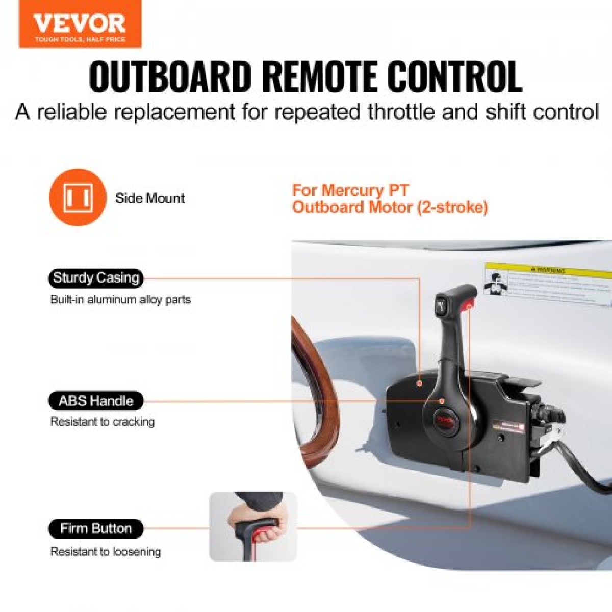 VEVOR Boat Throttle Control, 881170A15 Πλαϊνά τοποθετημένο εξωλέμβιο τηλεχειριστήριο για Mercury PT 2-stroke, Marine Throttle Control Box με Power Trim Switch, 16,3 ft Harness 8+4 Pin, and Lanyard