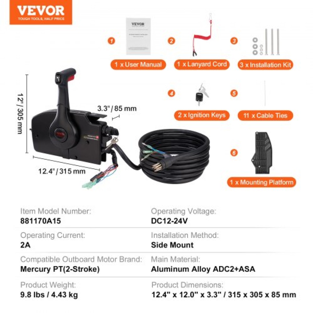 VEVOR Boat Throttle Control, 881170A15 Πλαϊνά τοποθετημένο εξωλέμβιο τηλεχειριστήριο για Mercury PT 2-stroke, Marine Throttle Control Box με Power Trim Switch, 16,3 ft Harness 8+4 Pin, and Lanyard