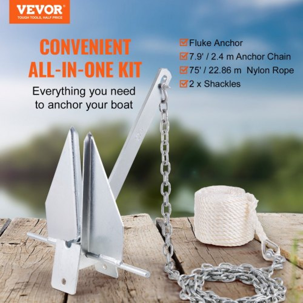 VEVOR Fluke Style Anchor Kit, 8.5 LBS Hot-Dipped Galvanized Steel Fluke Anchor with 7.9' Chain, 75' Rope and Two 0.4" Shackles, Marine Boat Anchor for Small Vessels Under 18', Seas, Rivers and Shores