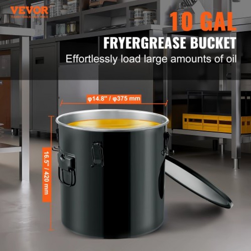 Κάδος γράσου φριτέζας VEVOR, 10 Gal Oil Disposal Caddy Κάδος λαδιού φριτέζας από ανοξείδωτο ατσάλι Αντισκωριακή επίστρωση, Δοχείο μεταφοράς λαδιού με καπάκι, κλιπ κλειδώματος, σακούλα φίλτρου για φιλτράρισμα ζεστού μαγειρικού λαδιού, μαύρο