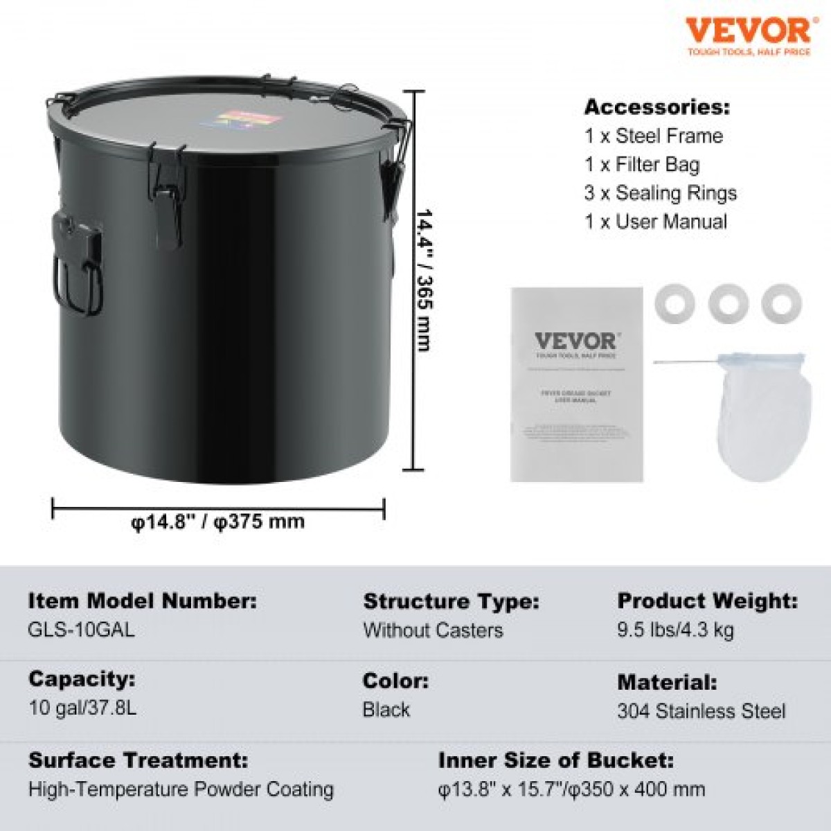Κάδος γράσου φριτέζας VEVOR, 10 Gal Oil Disposal Caddy Κάδος λαδιού φριτέζας από ανοξείδωτο ατσάλι Αντισκωριακή επίστρωση, Δοχείο μεταφοράς λαδιού με καπάκι, κλιπ κλειδώματος, σακούλα φίλτρου για φιλτράρισμα ζεστού μαγειρικού λαδιού, μαύρο