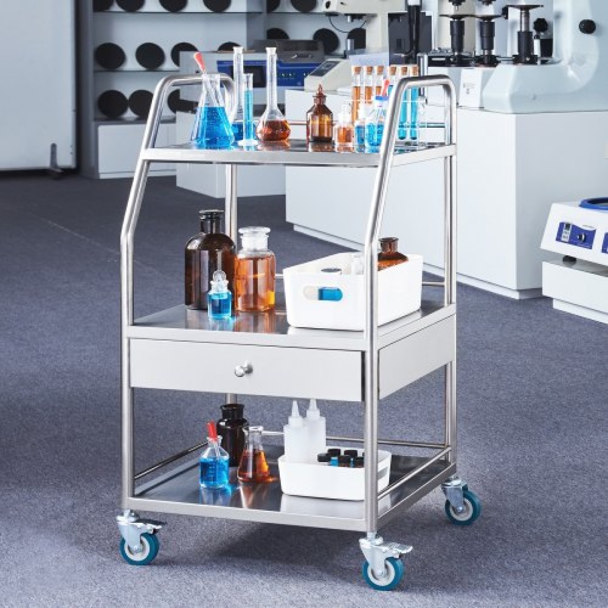 Καρότσι σερβιρίσματος VEVOR Lab, Τροχαίο καρότσι από ανοξείδωτο ατσάλι, ιατρικό καρότσι με συρτάρι, οδοντιατρικό καρότσι με ρόδες που κλειδώνουν, για εργαστήριο, νοσοκομειακή, οδοντιατρική χρήση