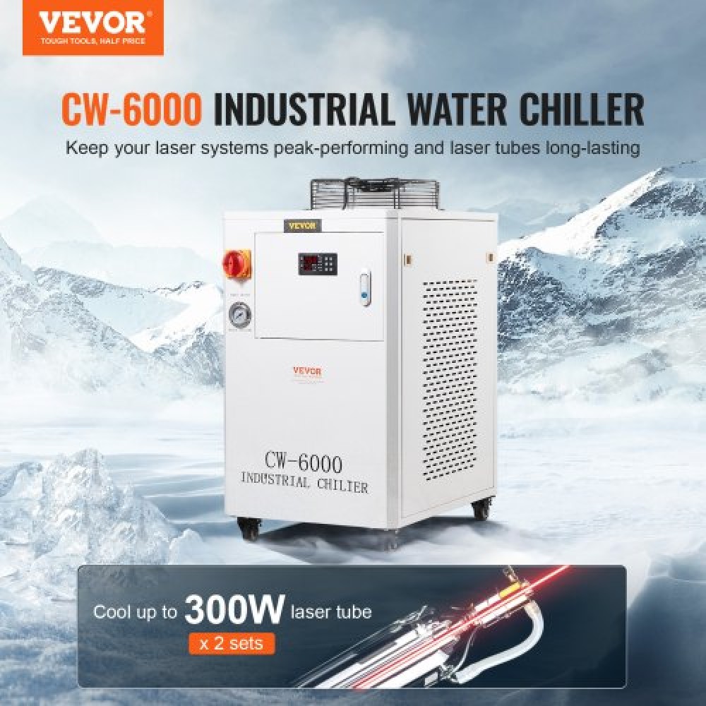 VEVOR Industrial Water Chiller CW6000, 1500W Water Chiller Cooling System with Compressor, 15L Water Tank Capacity, 65L/min Max Flow Rate, for CO2 Laser Engraving Machine Cooling Machine