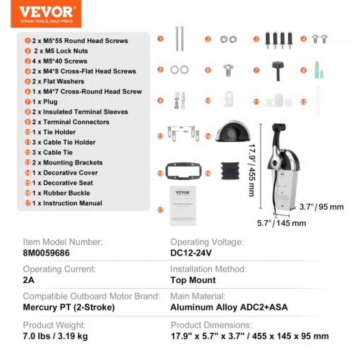 VEVOR Boat Throttle Control, 8M0059686 Εξωλέμβιο τηλεχειριστήριο επάνω τοποθετημένο για Mercury PT 2-stroke, Marine Throttle Control κιβώτιο με διακόπτη Power Trim