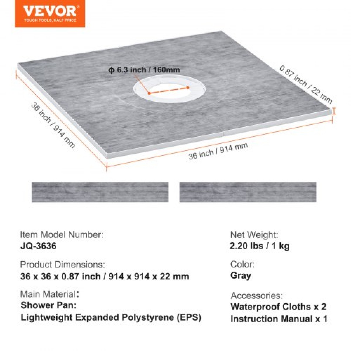 Κιτ ντουζιέρας VEVOR, Κιτ ντους 914x914mm με κεντρική αποχέτευση 160mm, Ελαφρύ κιτ εγκατάστασης ντους EPS με 2 αδιάβροχα πανιά, μπαστούνια ντους Slope Sticks Κατάλληλα για μπάνιο