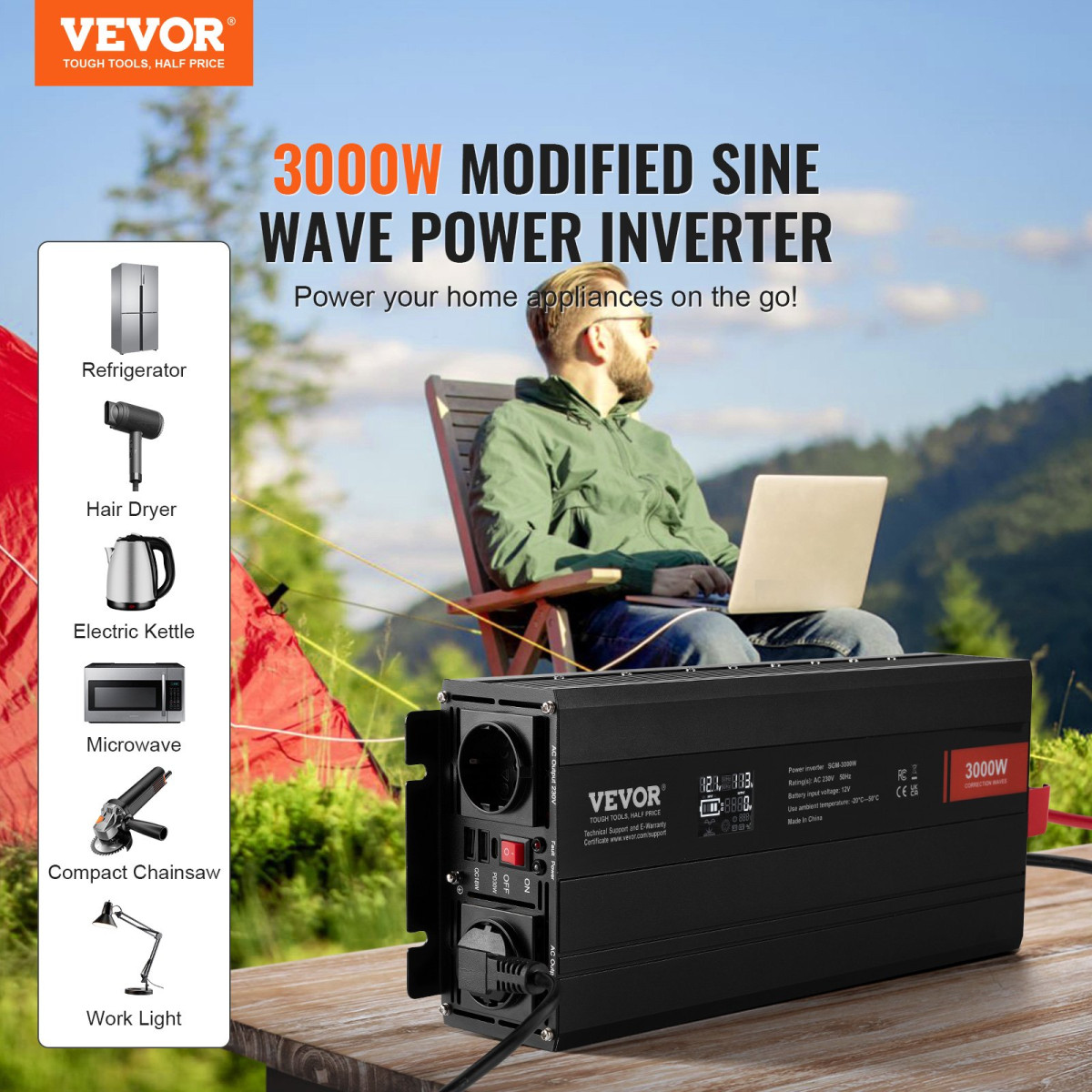 VEVOR Modified Sine Wave Inverter, 3000 Watt, DC 12V to AC 230V LCD Μετατροπέας ισχύος με 3 πρίζες AC 2 θύρα USB 1 θύρα Type-C 10 ανταλλακτικές ασφάλειες, για μεγάλο οικιακό εξοπλισμό, με πιστοποίηση CE FCC