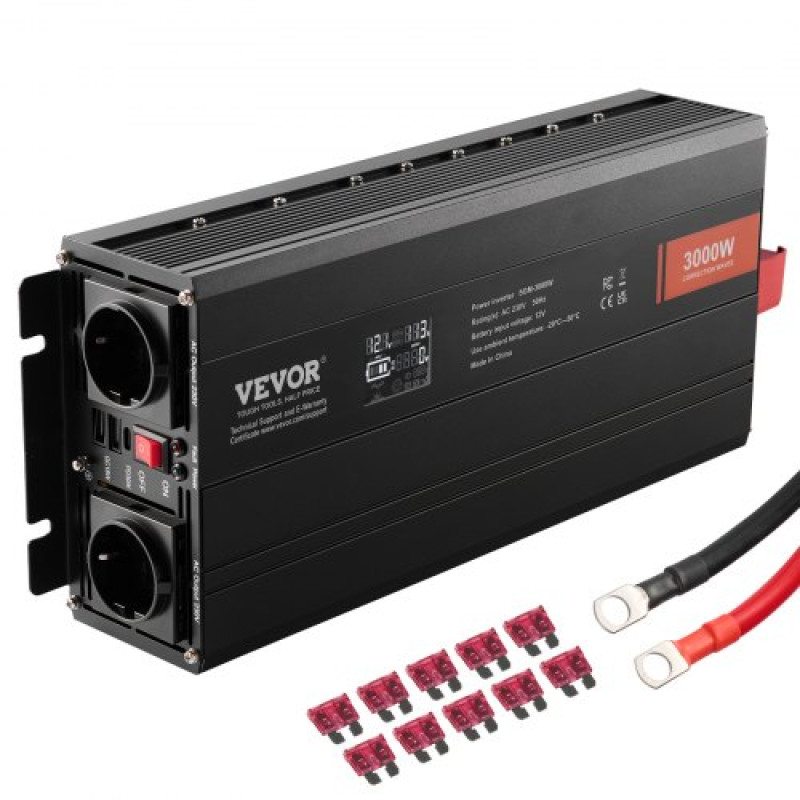 VEVOR Modified Sine Wave Inverter, 3000 Watt, DC 12V to AC 230V LCD Μετατροπέας ισχύος με 3 πρίζες AC 2 θύρα USB 1 θύρα Type-C 10 ανταλλακτικές ασφάλειες, για μεγάλο οικιακό εξοπλισμό, με πιστοποίηση CE FCC