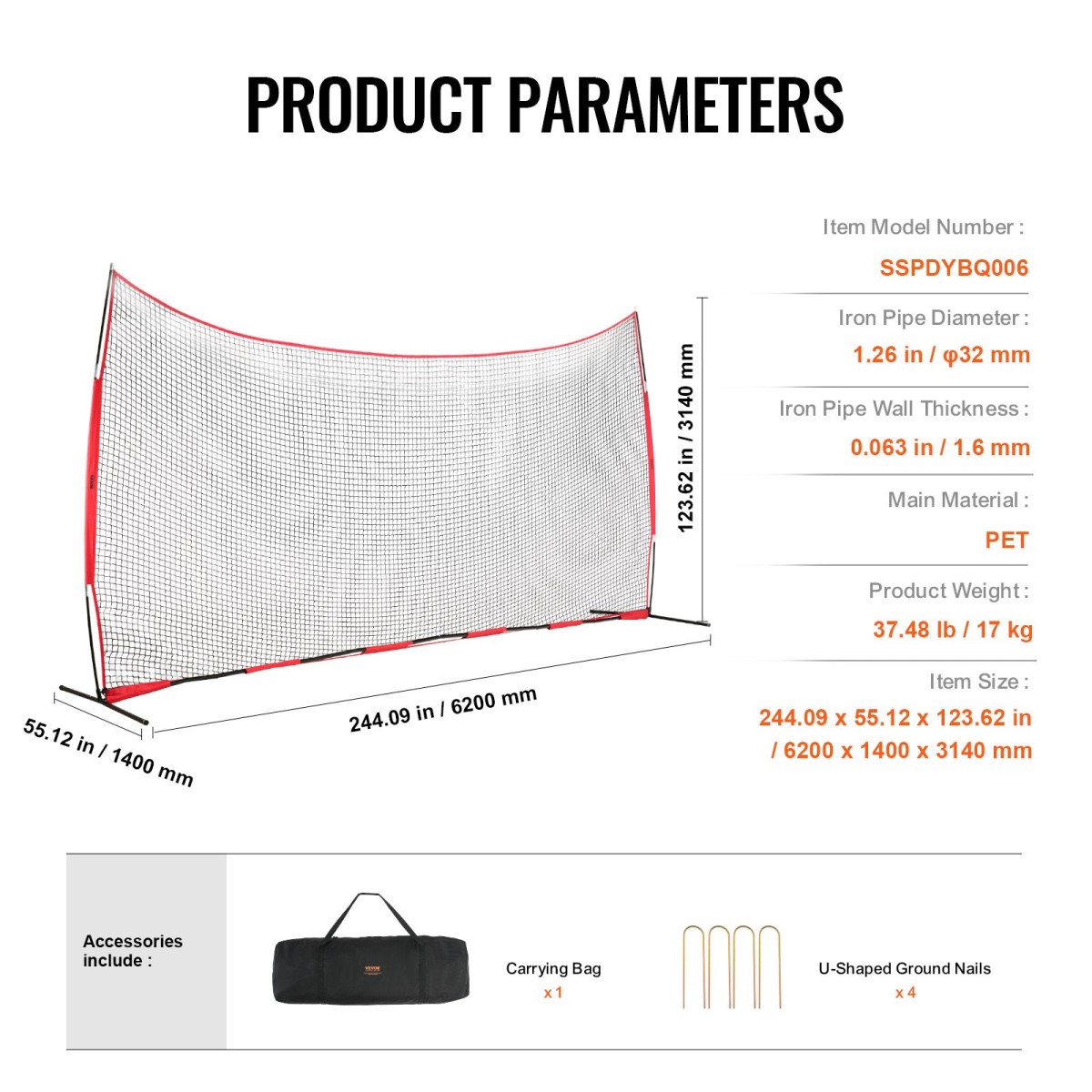VEVOR Barricade Backstop Net, αθλητικό δίχτυ 20x10 ft με μπάλα, φορητός εξοπλισμός εξάσκησης με τσάντα μεταφοράς, οθόνη προστασίας για προπόνηση ποδοσφαίρου λακρός ποδοσφαίρου Baseball για χόκεϊ στο πίσω μέρος