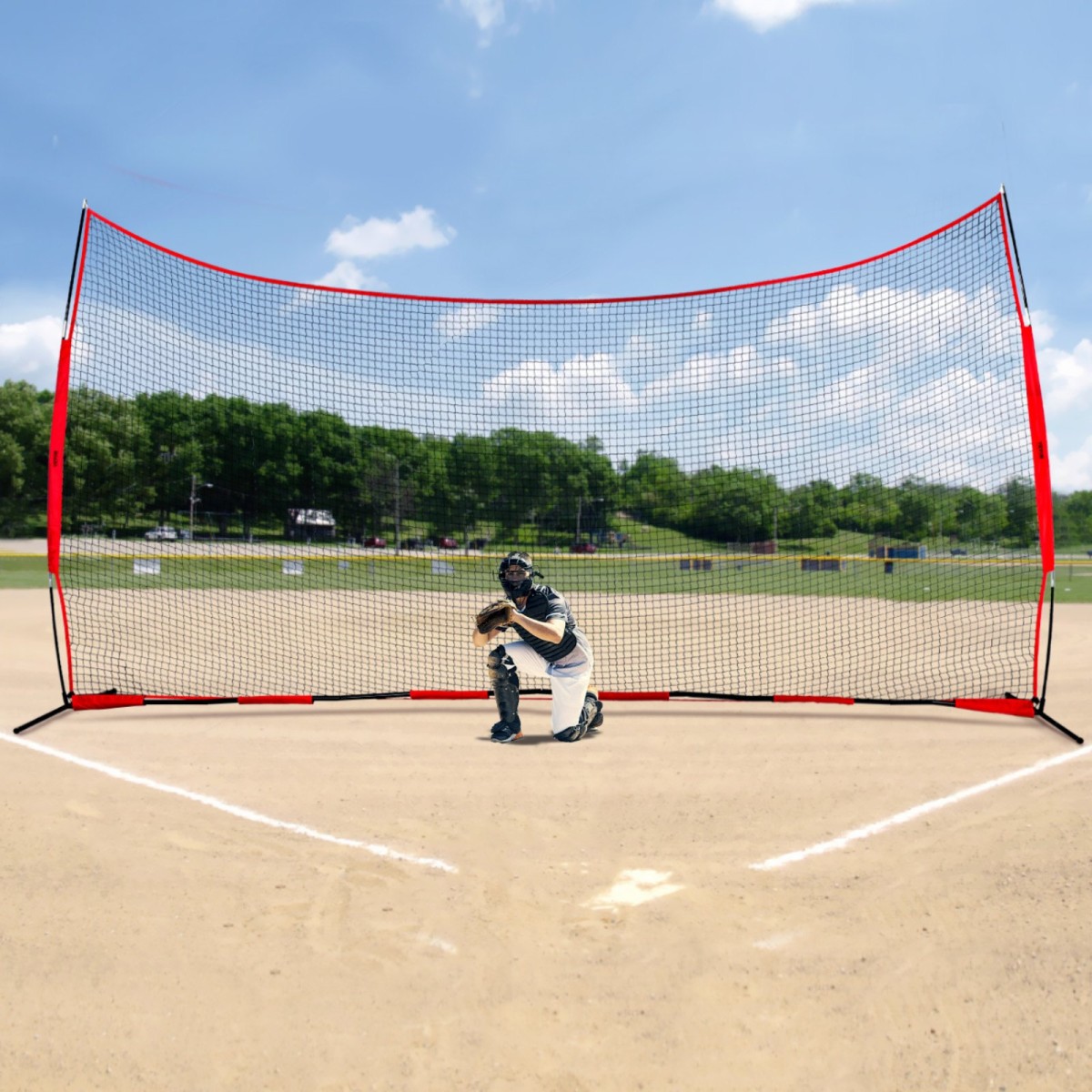 VEVOR Barricade Backstop Net, αθλητικό δίχτυ 20x10 ft με μπάλα, φορητός εξοπλισμός εξάσκησης με τσάντα μεταφοράς, οθόνη προστασίας για προπόνηση ποδοσφαίρου λακρός ποδοσφαίρου Baseball για χόκεϊ στο πίσω μέρος