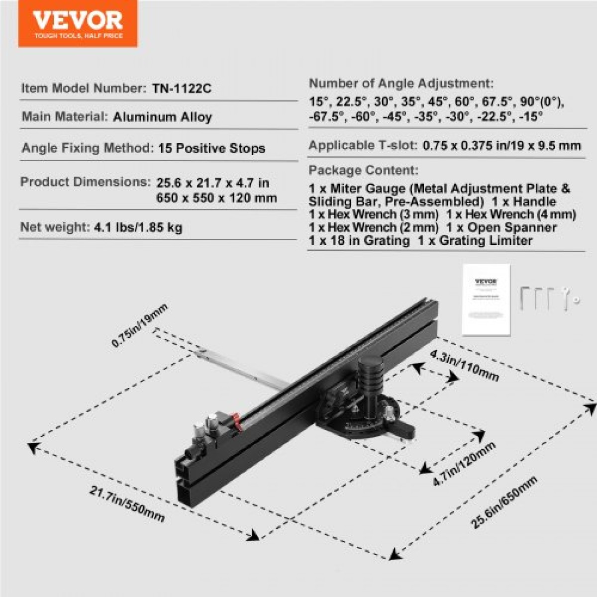 VEVOR Precision Miter Gauge, Τυπική υποδοχή 19 x 9,5 mm, Επιτραπέζιο Πριόνι από κράμα αλουμινίου Μετρητής κοπής 61 cm με σχάρα 15 γωνιακών στοπ με ρυθμιζόμενο έμβολο με ελατήριο και αφαιρούμενος δίσκος, για ξυλουργική