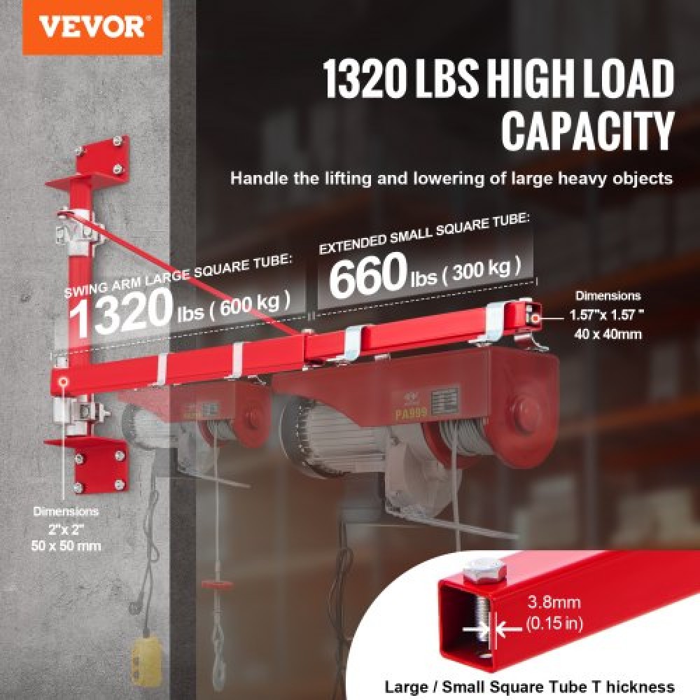 VEVOR Electric Hoist Support Arm, 1320 lbs Max Load Capacity, Electric Hoist Holder Swing Arm with Pole, Steel Hoist Frame, 180° Swivel Scaffold Hoist Lifting Arm, Winch Hoist Arm for Workshop, Garage