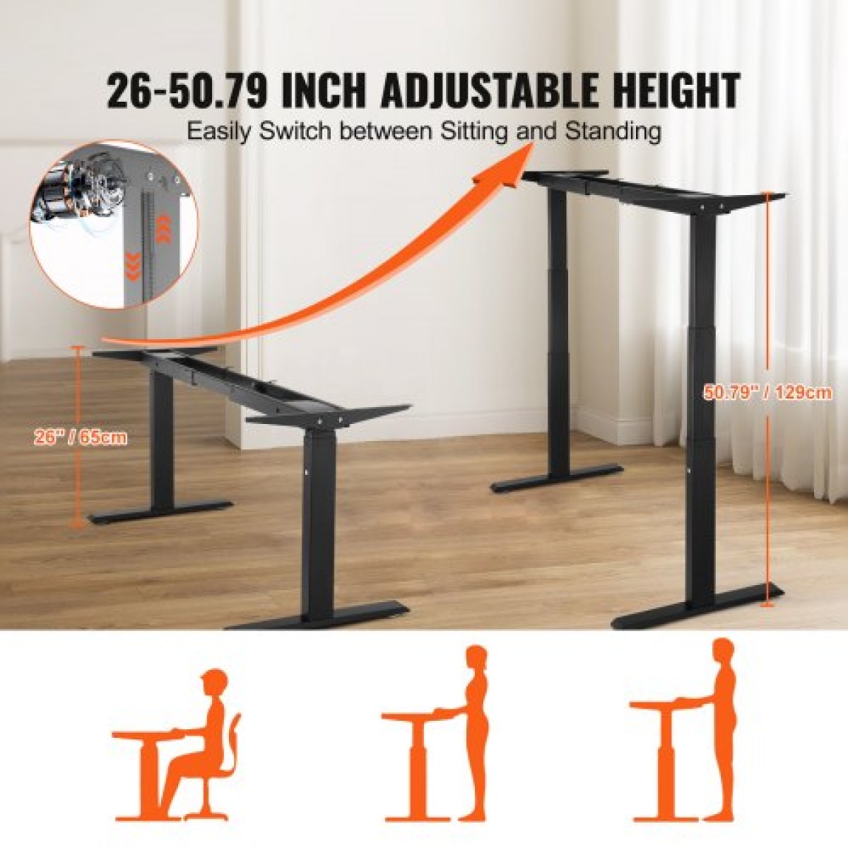 VEVOR Electric Standing Πλαίσιο Διπλού κινητήρα Ρυθμιζόμενο 65-129 cm Υ Μαύρο