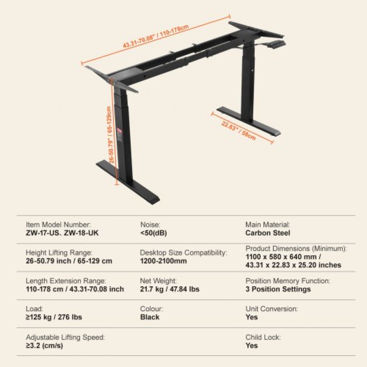VEVOR Electric Standing Πλαίσιο Διπλού κινητήρα Ρυθμιζόμενο 65-129 cm Υ Μαύρο