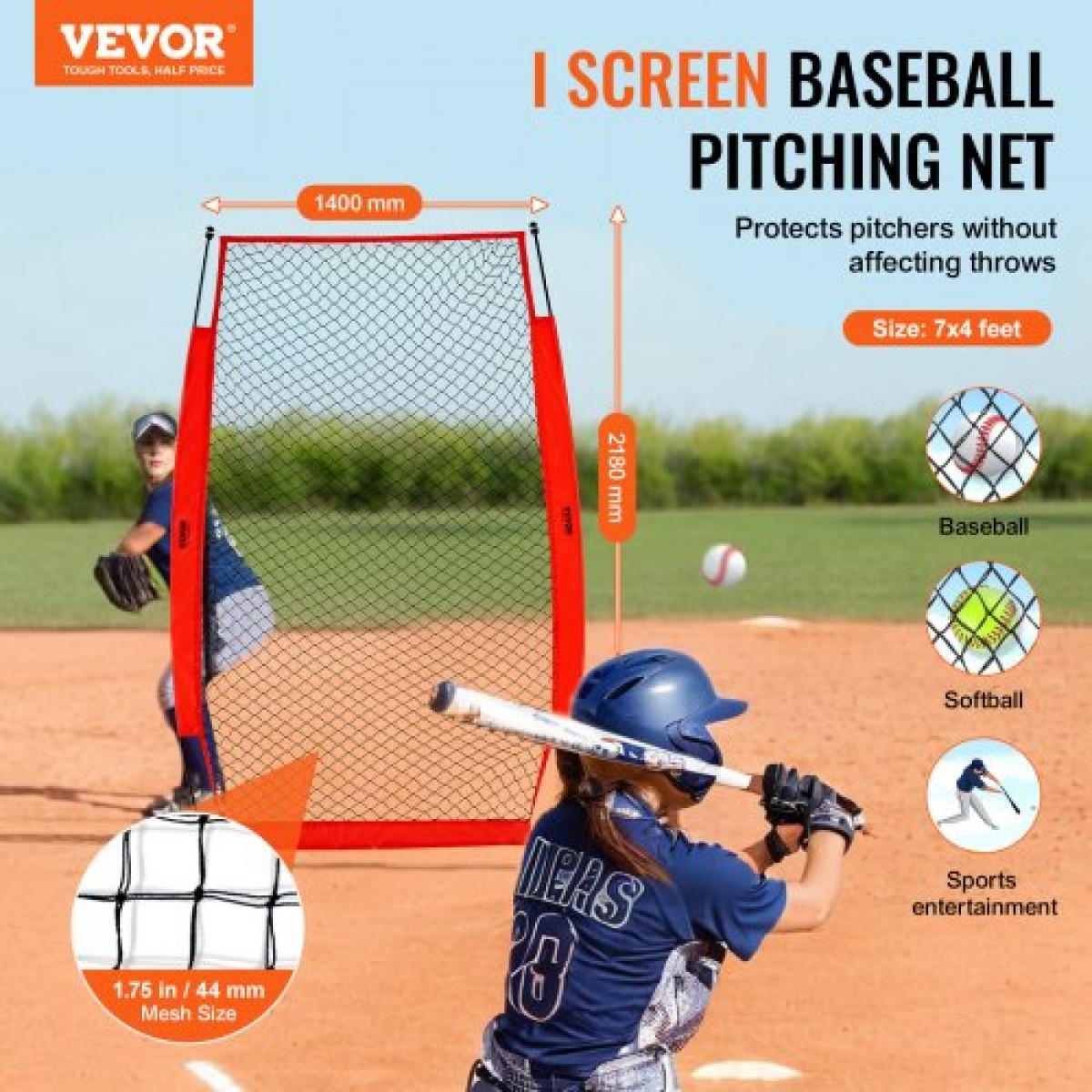 VEVOR I Screen Baseball για Batting Cage, 7x4 ft Baseball & Softball Screen Safety, Body Protector Φορητή οθόνη κτυπήματος με Carry Bag & Ground Stakes, Baseball Pitching Net for Pitchers Protection