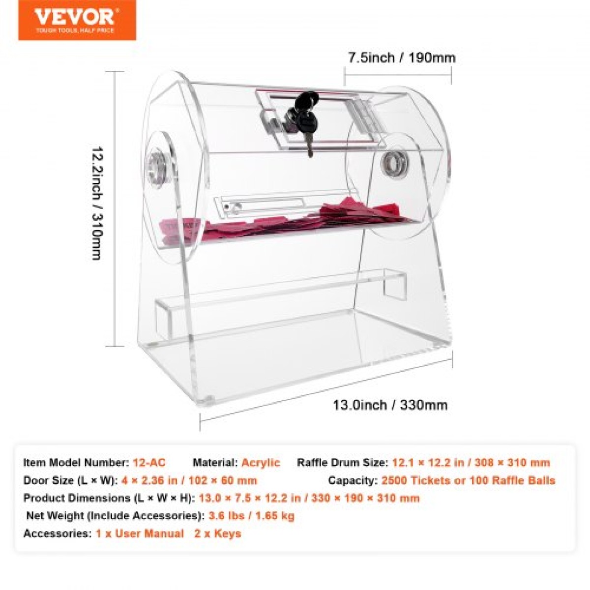 VEVOR Acrylic Raffle Drum, Χωράει 2500 εισιτήρια ή 100 μπάλες λοταρίας, επαγγελματικό κλωβό λοταρίας με 2 κλειδιά, διαφανές σχέδιο λοταρίας, κουτί λαχείων για παιχνίδια λοταρίας Bingo