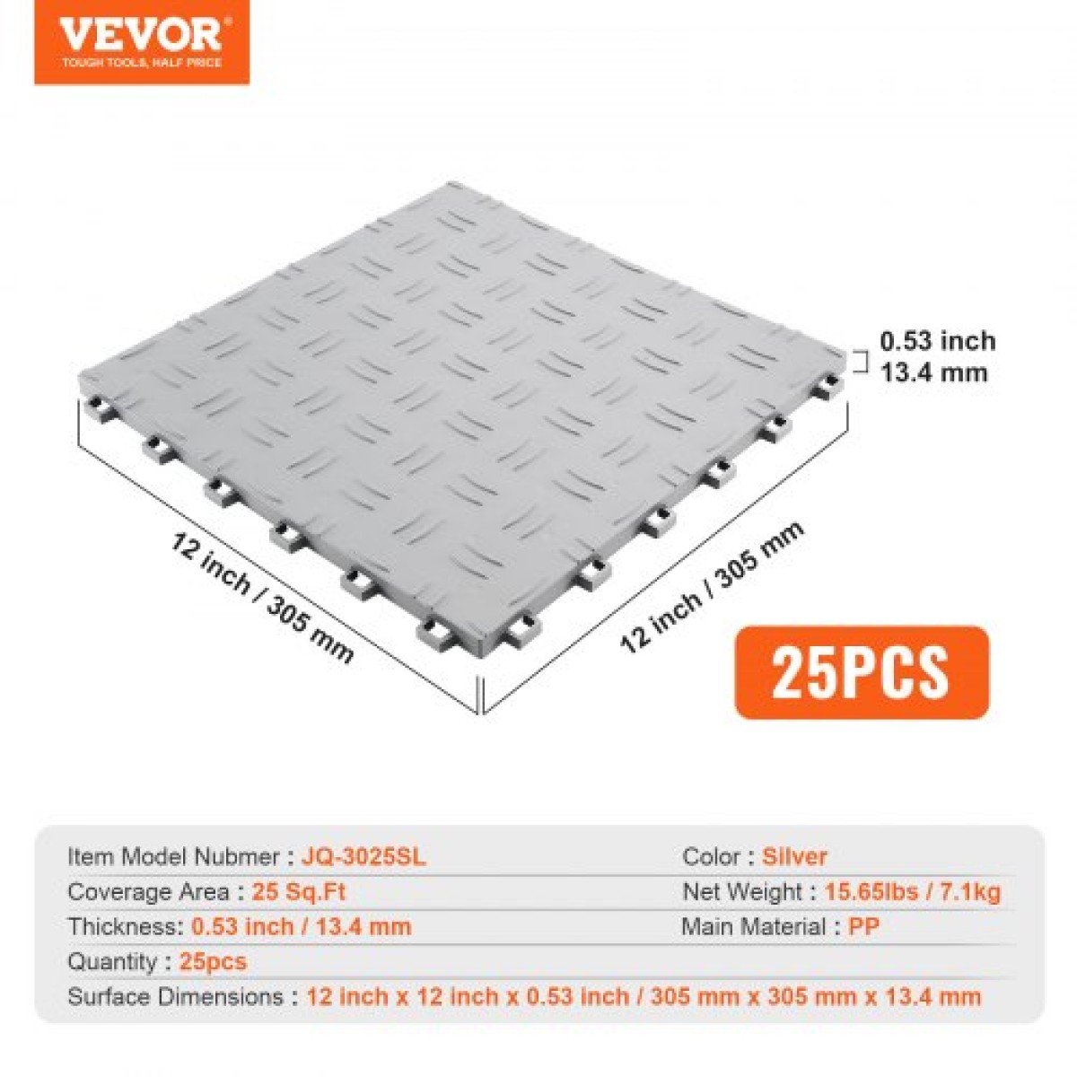 VEVOR Πλακάκια γκαράζ Interlocking, 12 x 12 x 0,53 ιντσών 25 Pack Πλακάκια δαπέδου γκαράζ, αντιολισθητικά πλακάκια δαπέδου γκαράζ διπλής όψης, για γκαράζ, υπόγεια, επισκευαστήρια, ασήμι