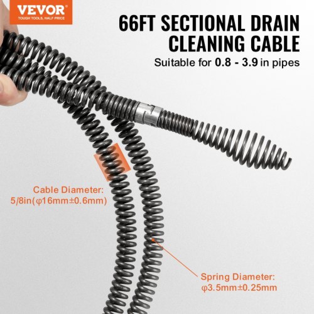VEVOR Sectional Drain Cable Cleaning Cable 66FT/20,1 m x 5/8In/1,6 cm & 7 Cutters for 0,8"-3,9"/2-10 cm Pipes