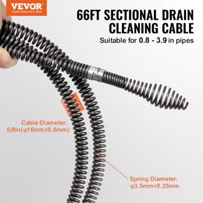 VEVOR Sectional Drain Cable Cleaning Cable 66FT/20,1 m x 5/8In/1,6 cm & 7 Cutters for 0,8"-3,9"/2-10 cm Pipes
