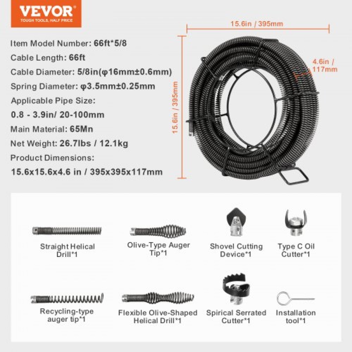 VEVOR Sectional Drain Cable Cleaning Cable 66FT/20,1 m x 5/8In/1,6 cm & 7 Cutters for 0,8"-3,9"/2-10 cm Pipes