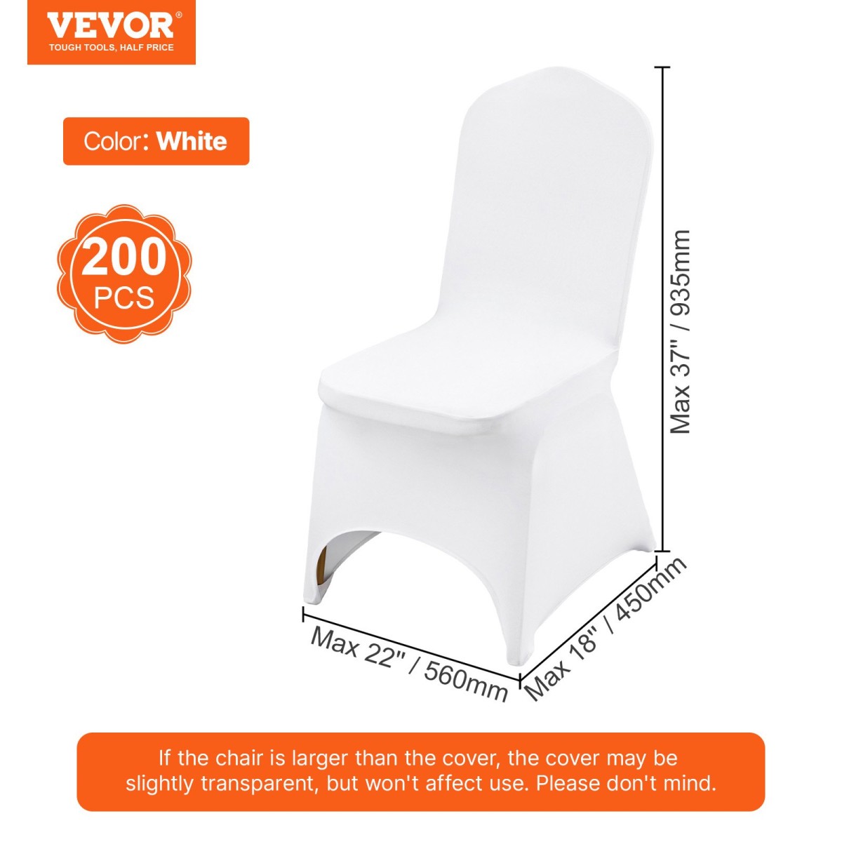 Πτυσσόμενα καλύμματα καρέκλας VEVOR Stretch Spandex, Universal Εφαρμοσμένο κάλυμμα καρέκλας, Αφαιρούμενα πλενόμενα προστατευτικά καλύμματα, για γάμο, διακοπές, συμπόσιο, πάρτι, γιορτή, δείπνο (200 τμχ Λευκό)