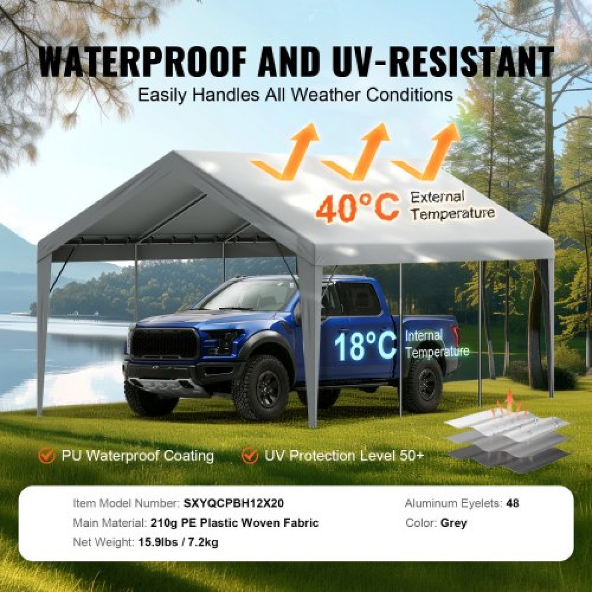 Ανταλλακτικό κάλυμμα κουβούκλιο VEVOR Carport 12 x 20 ποδιών, προστατευτικό κάλυμμα για σκηνές γκαράζ βαρέως τύπου αδιάβροχο & προστατευμένο από την υπεριώδη ακτινοβολία, Εύκολη εγκατάσταση με μπάντζες μπάλας, γκρι (Μόνο επάνω κάλυμμα, δεν περιλαμβάνε