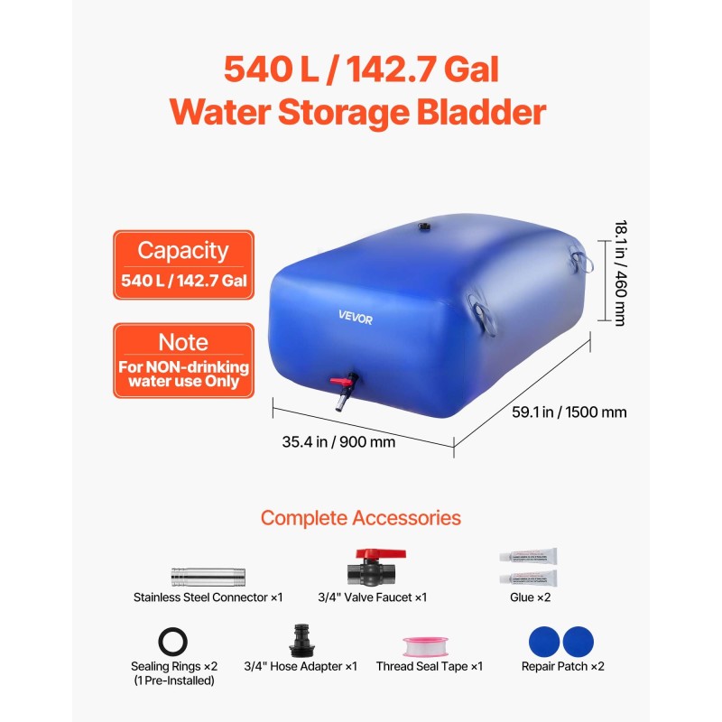 VEVOR Water Storage Bladder, 540L φορητή & πτυσσόμενη τσάντα αποθήκευσης νερού, ανθεκτική στη φθορά 1000D PVC τσάντα μαλακών νερών, στεγανά δοχεία κάμπινγκ για άρδευση κήπου RV έκτακτης ανάγκης, μπλε