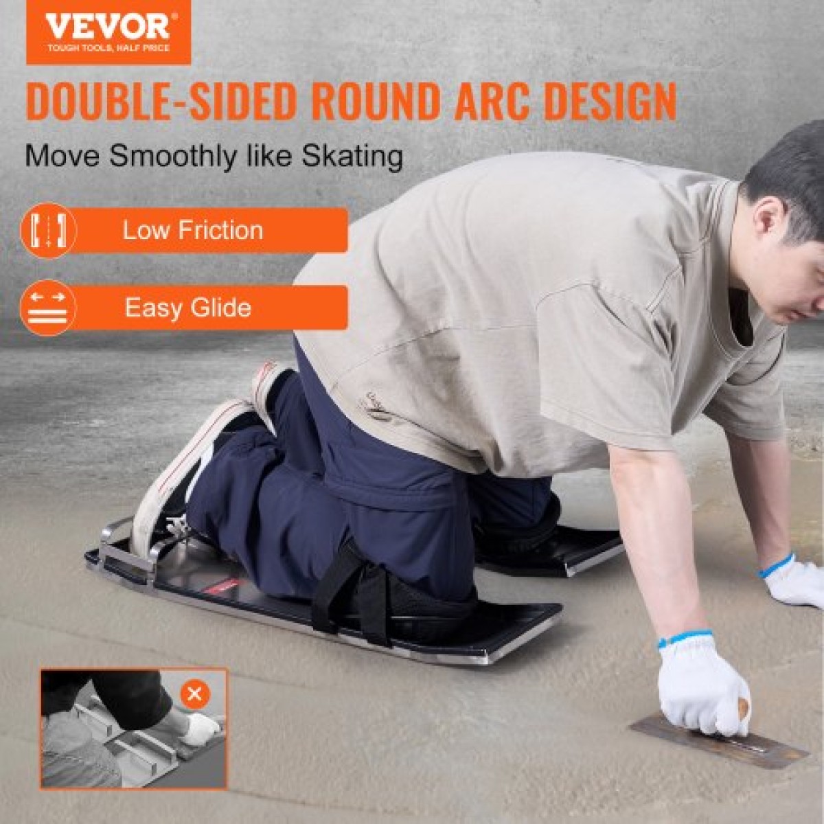 VEVOR Concrete Knee Boards από ανοξείδωτο χάλυβα, 28'' x 8'' Concrete Sliders, Knee Boards for Concrete, Concrete Knee Pads Pair Moving Sliders, με ιμάντες σανίδας για τσιμέντο και φινίρισμα από σκυρόδεμα