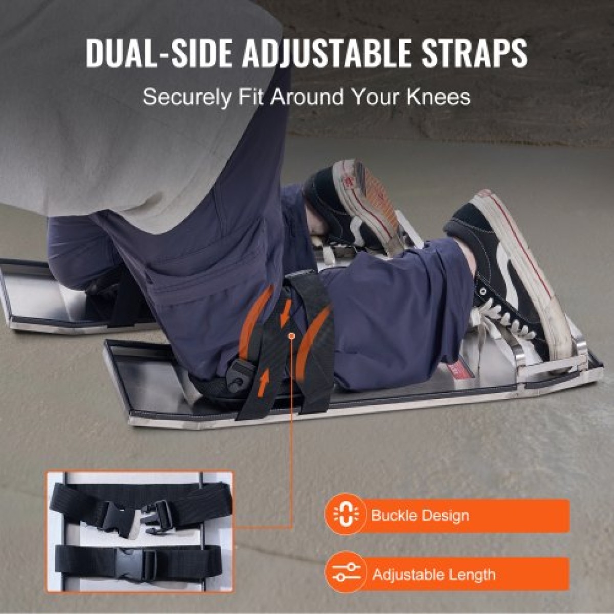 VEVOR Concrete Knee Boards από ανοξείδωτο χάλυβα, 28'' x 8'' Concrete Sliders, Knee Boards for Concrete, Concrete Knee Pads Pair Moving Sliders, με ιμάντες σανίδας για τσιμέντο και φινίρισμα από σκυρόδεμα